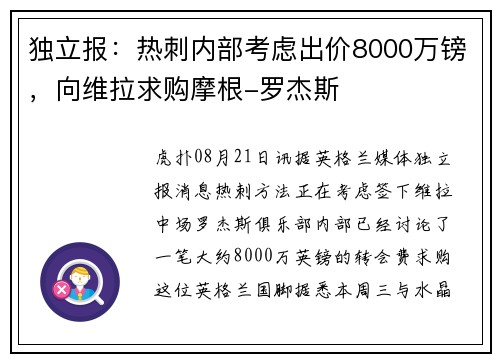 独立报：热刺内部考虑出价8000万镑，向维拉求购摩根-罗杰斯